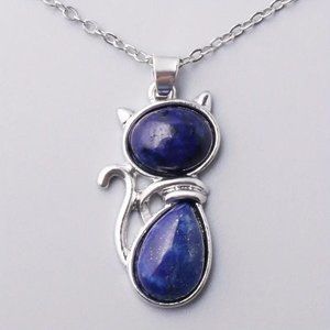 Lapis Lazuli Natural Stone Cute Cat Pendant Necklace